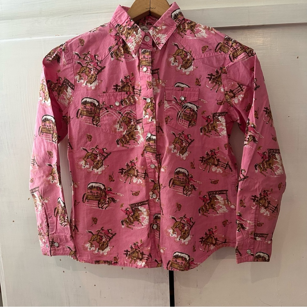 Girls Panhandle Pink Printed Button Down Pearl Snap Shirt S: XL, fits like 8/10 - Picture 2 of 11